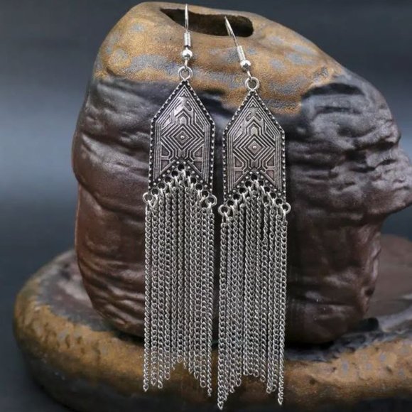 Silver Tone Chain Tassel Long Ethnic Earrings - Picture 1 of 1